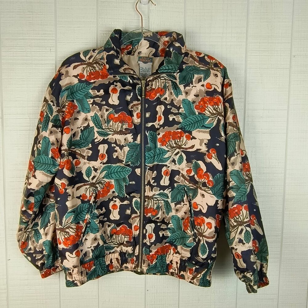 Vintage 90s Out Brook 100% Silk Jacket Cherry Print  Zip Front